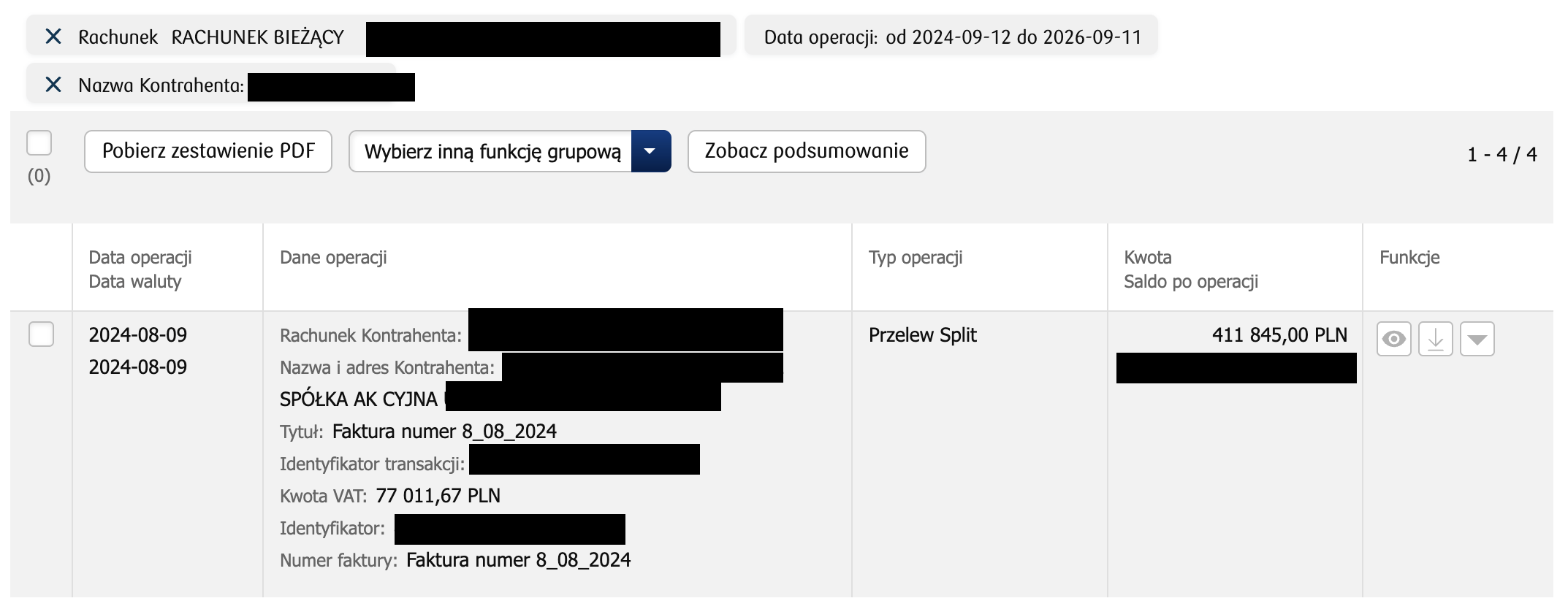 Potwierdzenie wpływu 411 845 zł związanego z wynikiem sprzedażowym i prowizją closera Oskara Litwina